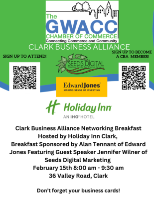 Green Flyer describing the Clark Business Alliance Feb 15 Presentation